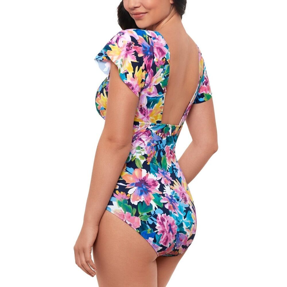 Swim Solutions Flutter-Sleeve Multicolor One-Piece Swimsuit Floral Print 14 - Picture 3 of 3